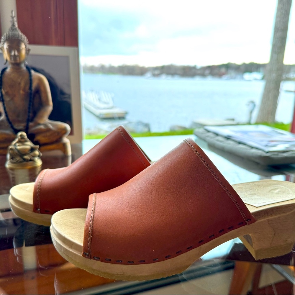 No. 6 Clogs. Open toe. Desert color.